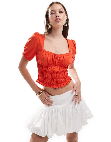 Blusa roja con mangas abullonadas y cintura fruncida de popelina de ASOS DESIGN - view 1
