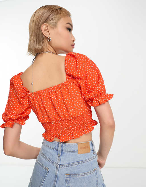 juez compromiso Predecesor Blusa rojo anaranjado estilo mesonera fruncida con estampado de florecitas  de Glamorous | ASOS