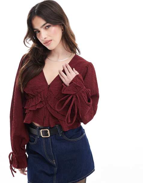 Blusa rojo oscuro con lazada en las mangas de tejido texturizado de Wednesday's Girl - view 1