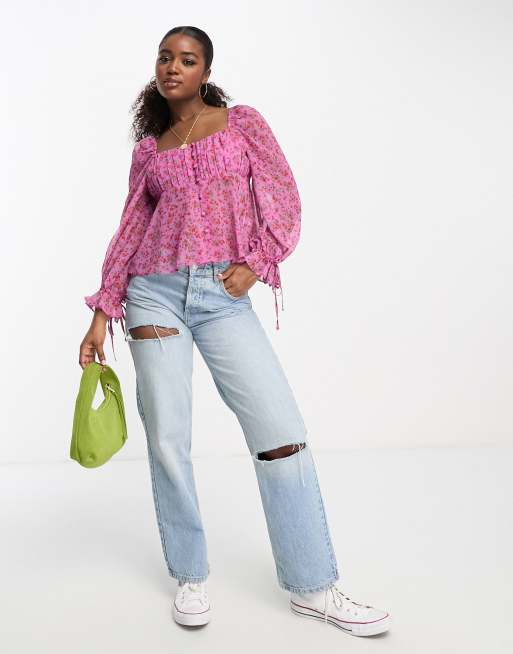 Blusa rosa abotonado para festivales con estampado de florecitas y pecho fruncido de Miss Selfridge ClassicfuncenterShops