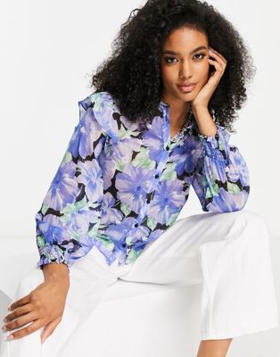 Mango sheer button down blouse in bold floral - ASOS Price Checker