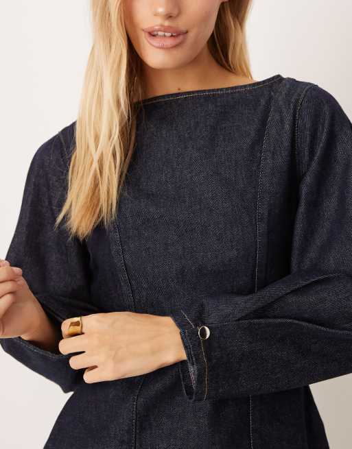 Blusa vaquera azul añil con cuello recto y mangas cocoon de ASOS DESIGN, 3 de 4