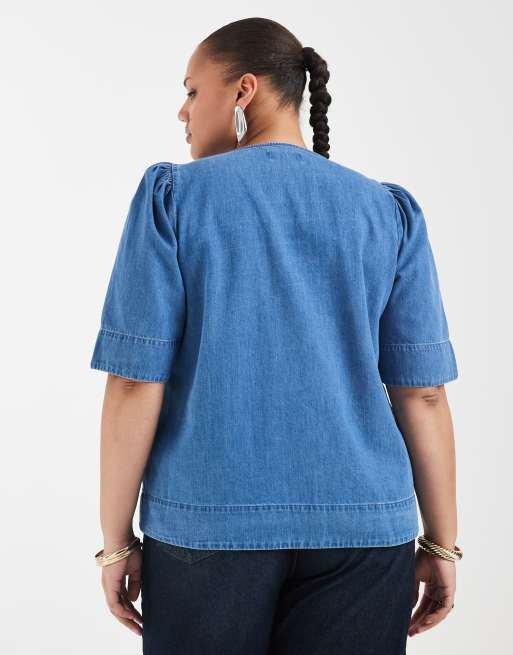 Blusa vaquera azul medio de manga corta de ONLY Curve, 2 de 4