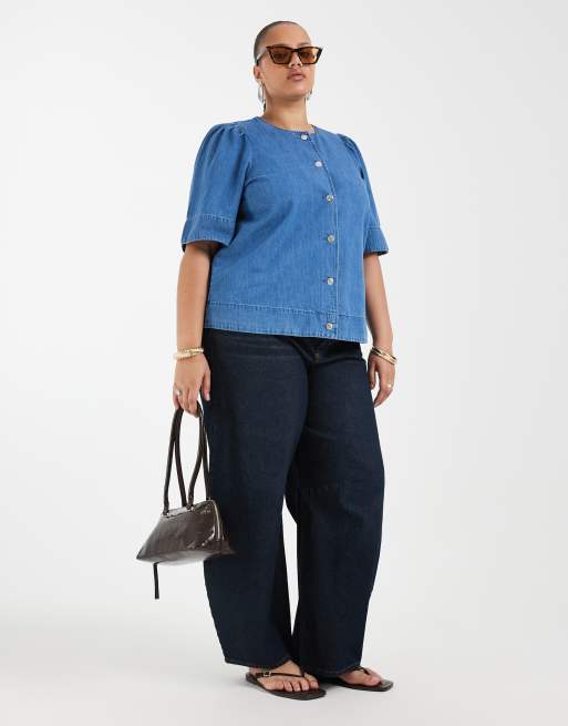 Blusa vaquera azul medio de manga corta de ONLY Curve, 4 de 4