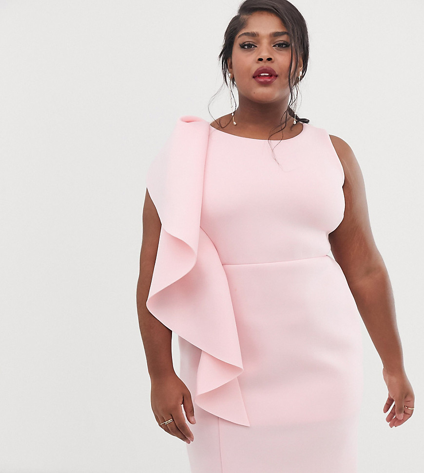 Blushfarvet slå-om kjole med oneshoulder-flæse fra True Violet Plus exclusive-Pink