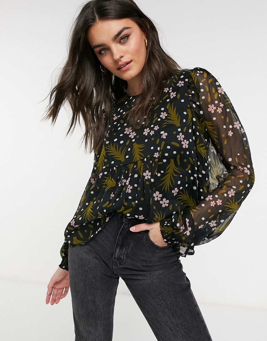 Блузка из шифона с объемными рукавами и темным цветочным принтом Vero Moda-Мульти