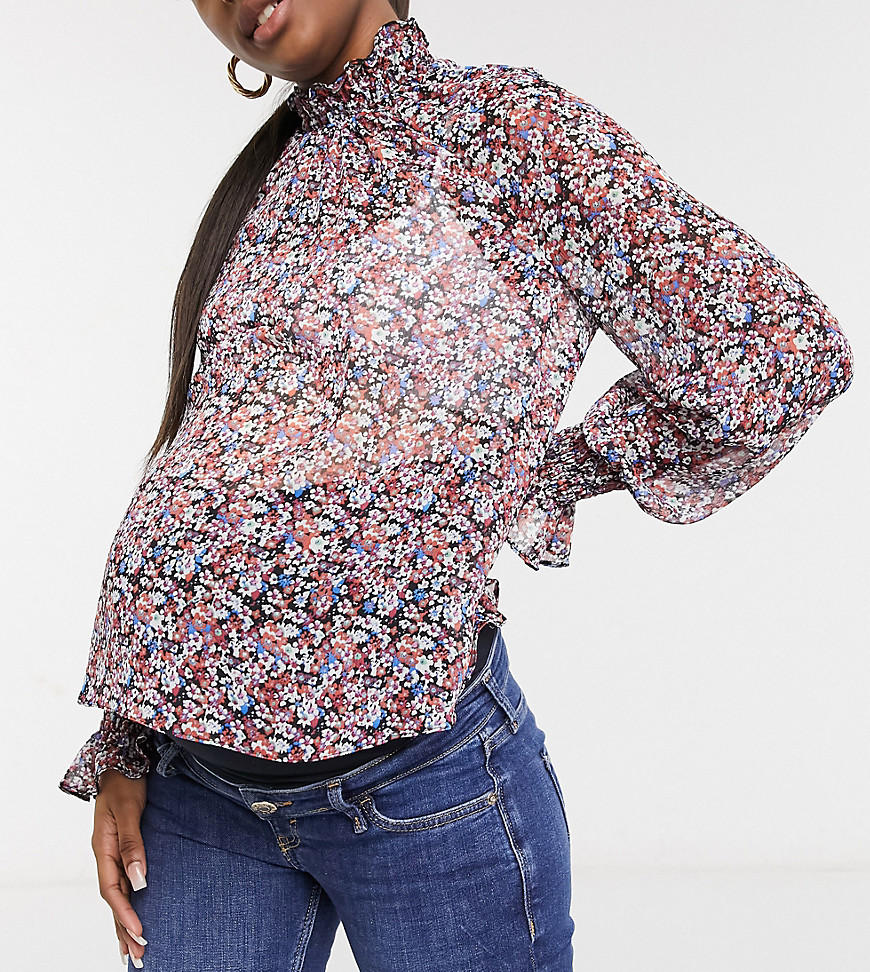 Блузка с цветочным принтом, длинными рукавами присборенными манжетами и горловиной ASOS DESIGN Maternity-Многоцветный