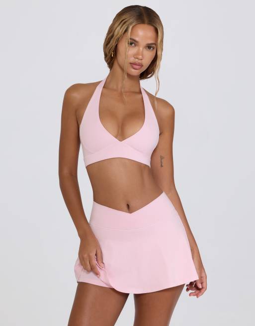 Bo + Tee cross over mini skirt in heathered pink 