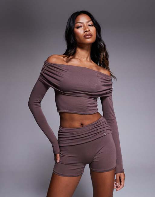 Bo + Tee fold over mini shorts co-ord in taupe