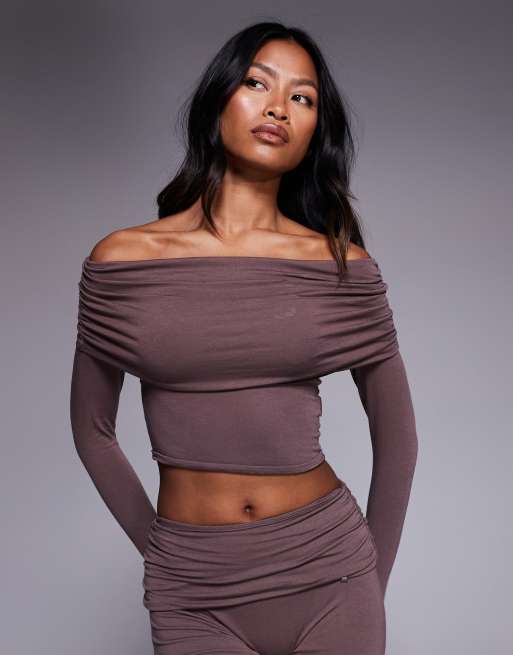 Bo + Tee off shoulder long sleeve top co-ord in taupe 