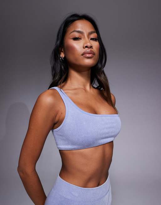 Bo + Tee one shoulder sports bra co-ord in washed blue
