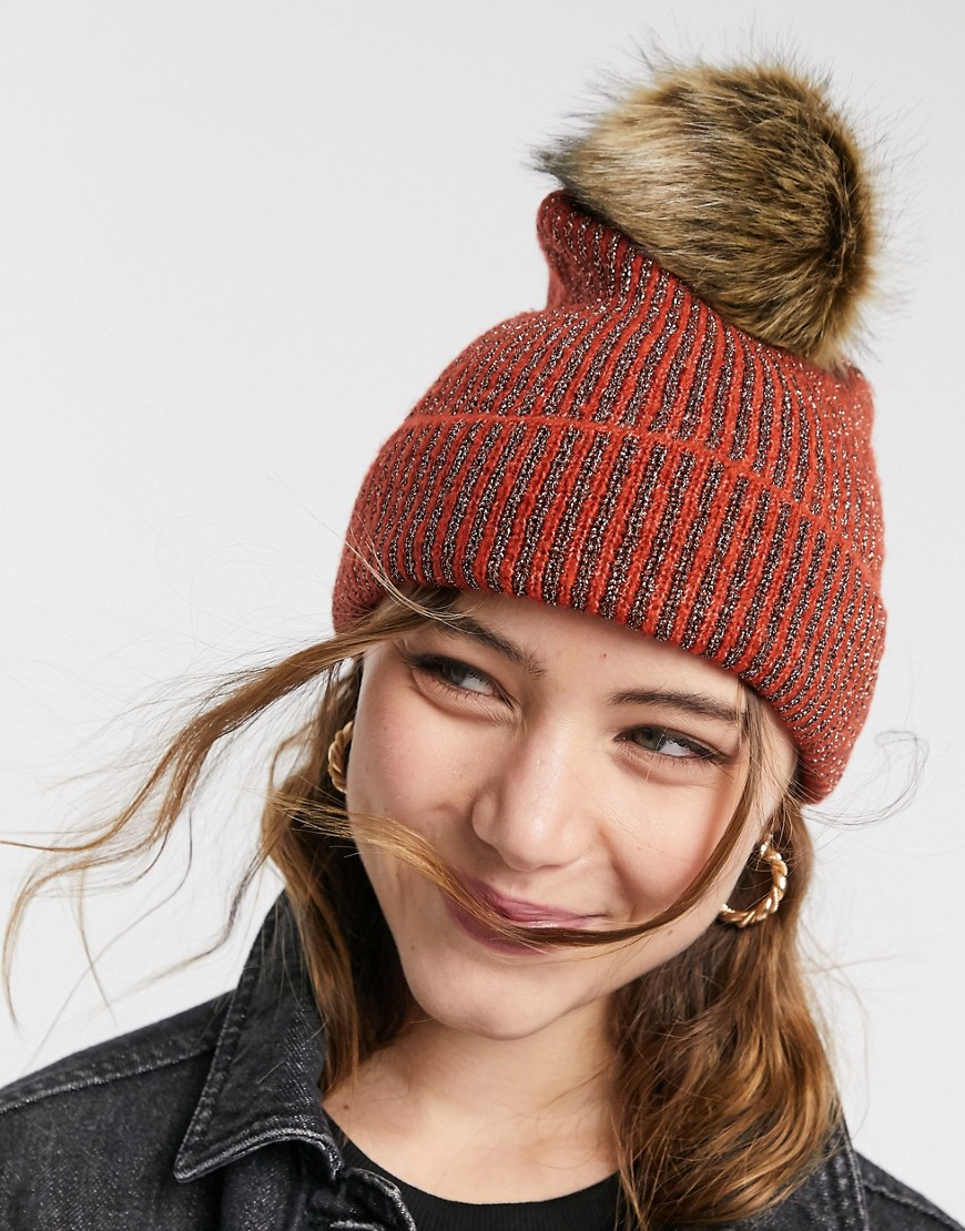 Boadmans ribbed knitted hat with mettalic yarn and faux fur pom in red