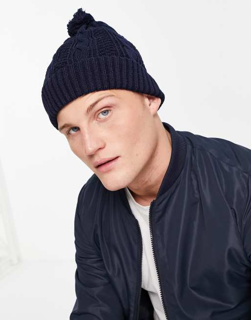 Boardmans - Berretto con pompon in maglia a trecce blu navy