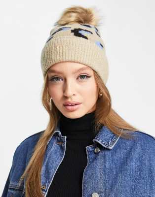 Boardmans Bobble Animal Print Beanie In Oatmeal-neutral