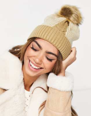 BOARDMANS BRAIDED BOBBLE BEANIE HAT IN CAMEL-NEUTRAL