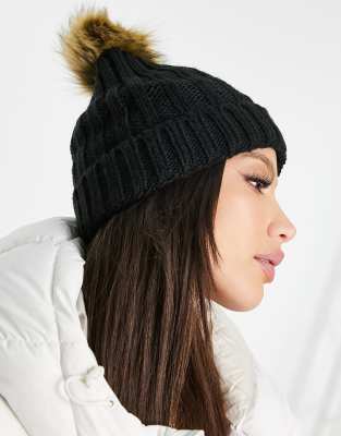 Boardmans cable knit bobble beanie hat in black