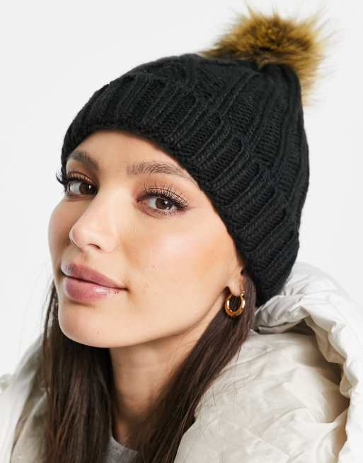 Boardmans cable knit bobble beanie hat in black | ASOS