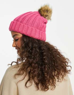 cable knit bobble beanie hat in pink