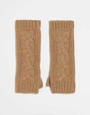 cable knit long arm warmers in brown