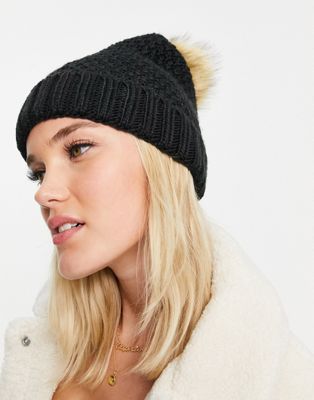 Boardmans cable knitted faux fur pom beanie in black