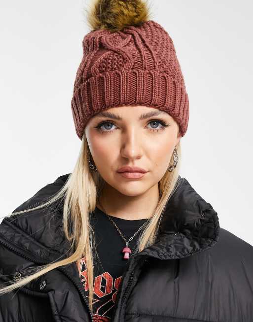 Boardmans cable knitted faux fur pom beanie in rust