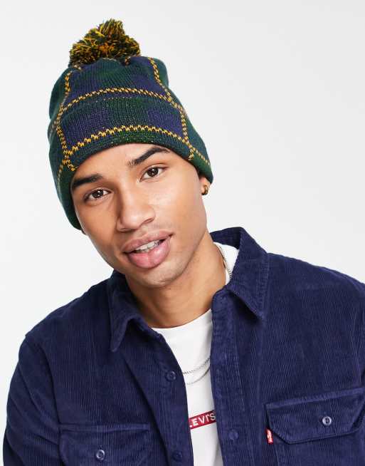Boardmans check bobble beanie hat in multi
