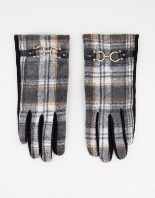 Boardmans check boucle gloves with chain detail in black