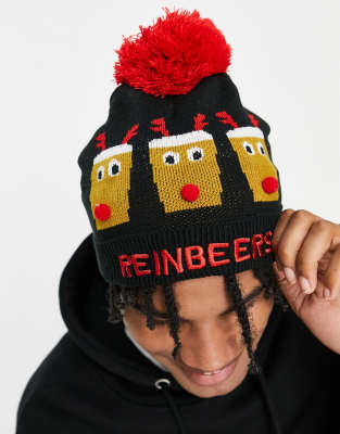 christmas bobble beanie hat in black