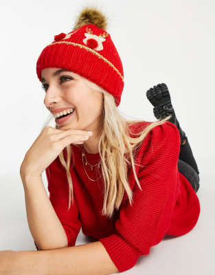 Boardmans Boardmans christmas faux fur pom with reindeers beanie in red