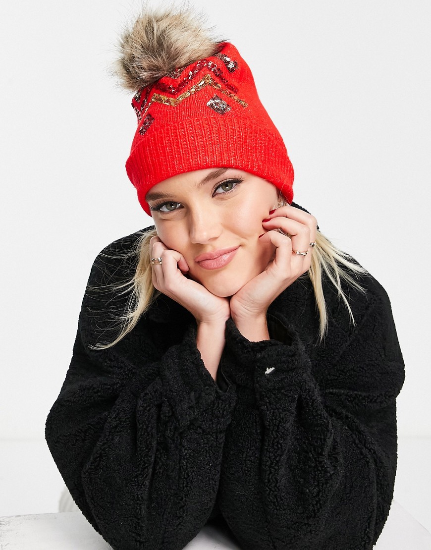 Boardmans christmas faux fur pom with sequin detail beanie in red