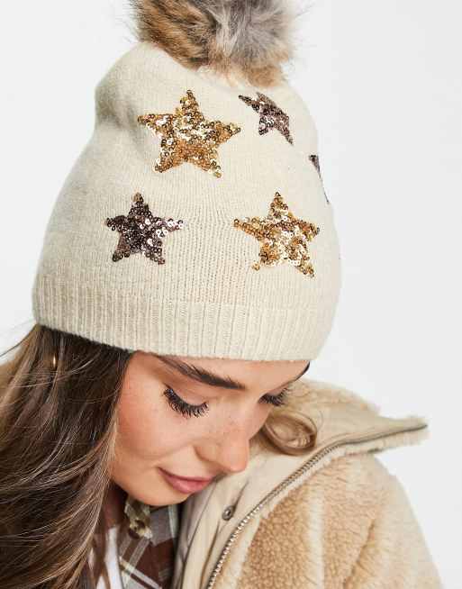 Boardmans christmas faux fur pom with sequin stars beanie in cream, 2 of 4
