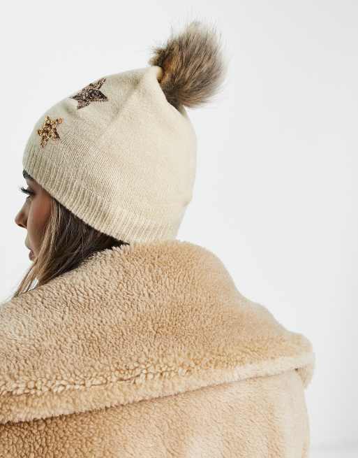 Boardmans christmas faux fur pom with sequin stars beanie in cream, 3 of 4