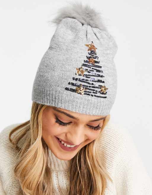 Boardmans christmas faux fur pom with sequin tree beanie in gray
