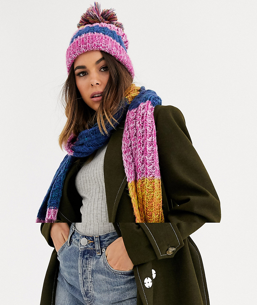 Boardmans chunky knit colour block beanie and Scarf Gift set with multi colured yarn pom-Pink