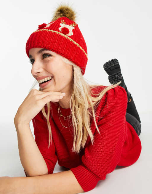 Boardmans – Czerwona świąteczna czapka beanie z pomponem ze sztucznego futra i reniferami