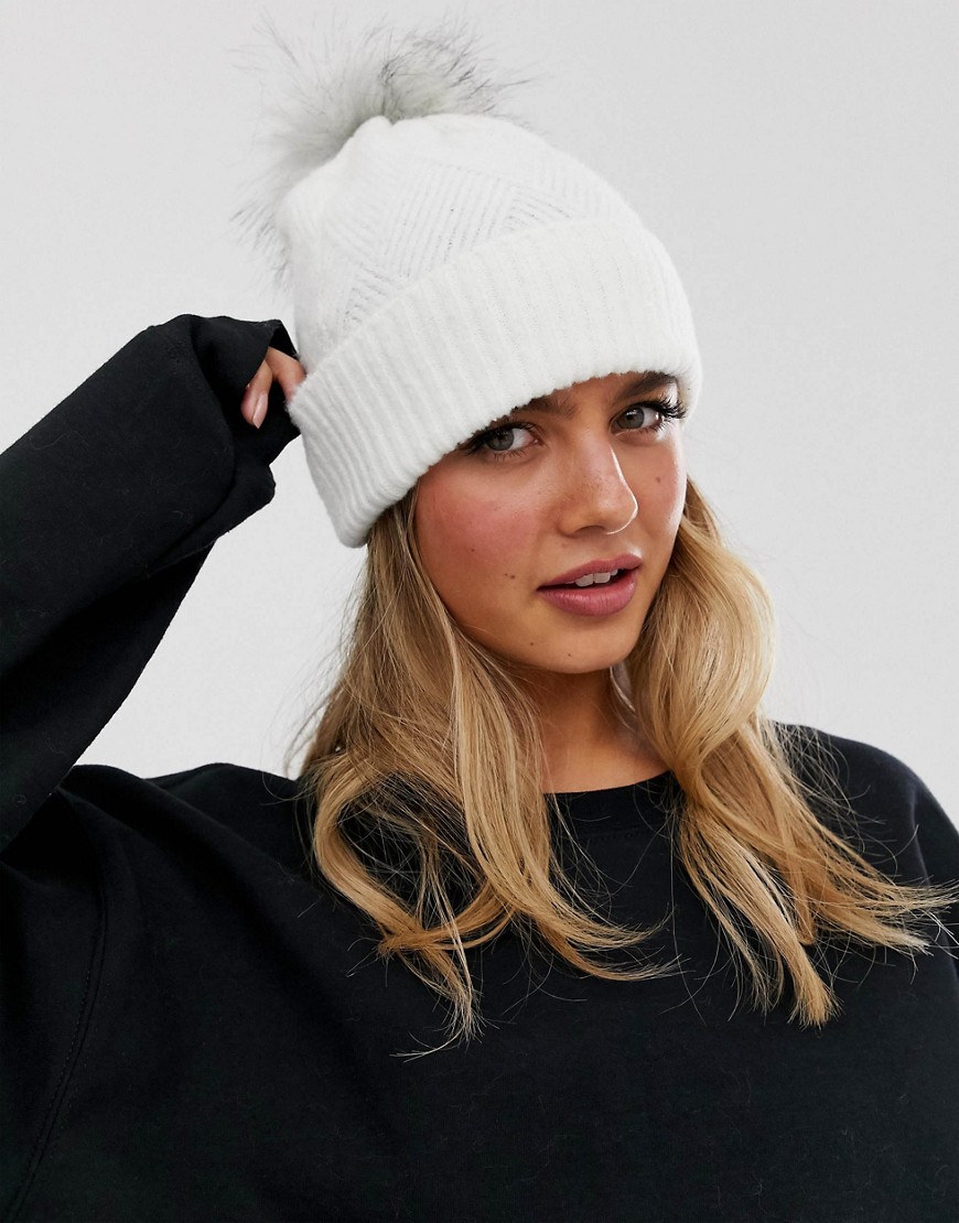 Boardmans diamond stitch knitted beanie in winter white and faux fur pom