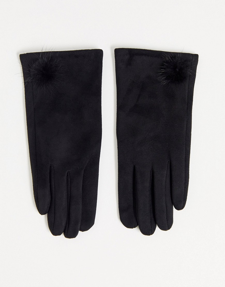 Boardmans faux suede gloves with mini pom detail-Black