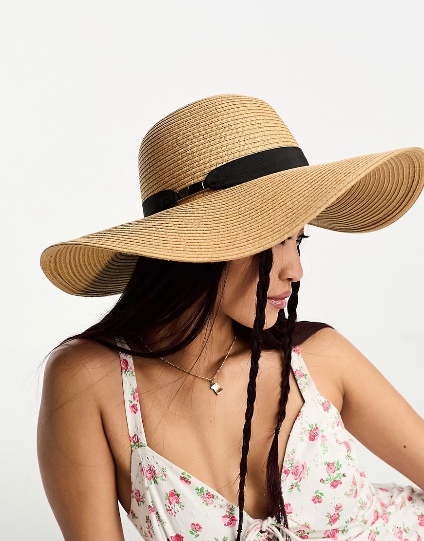 floppy straw sun hat with contrast trim-Brown