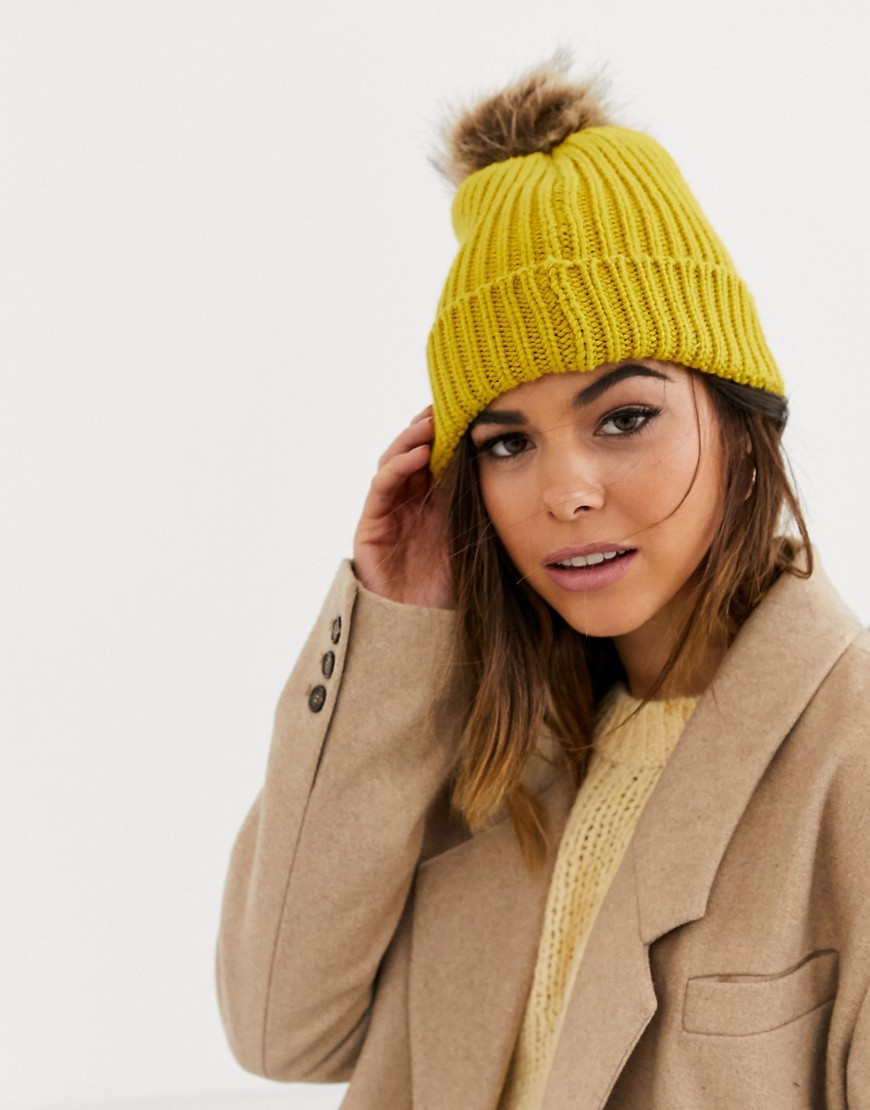 Boardmans knited beanie with turn up and faux fur pom-Yellow