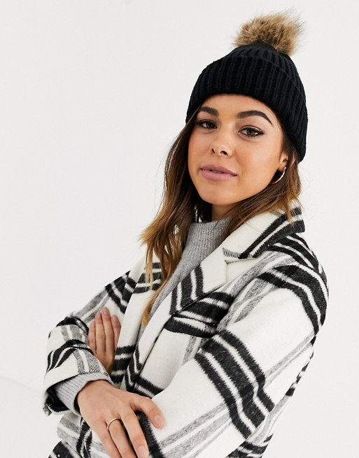Boardmans knited beanie with turn up and faux fur pom