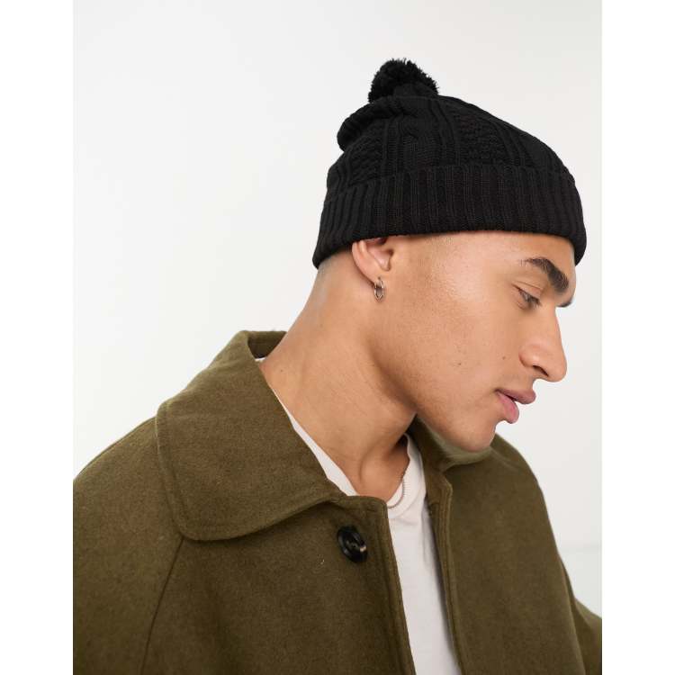 Boardmans knitted cable bobble beanie hat in black ASOS