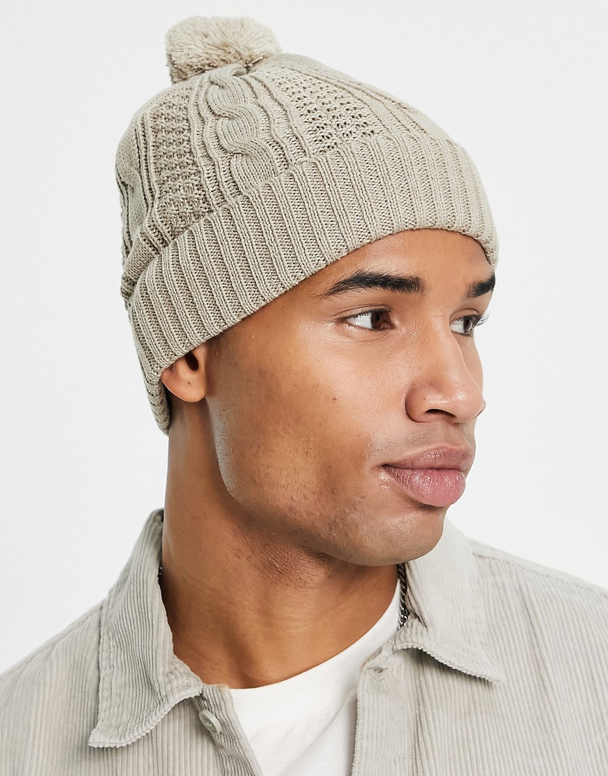 knitted cable bobble beanie hat in camel-Neutral