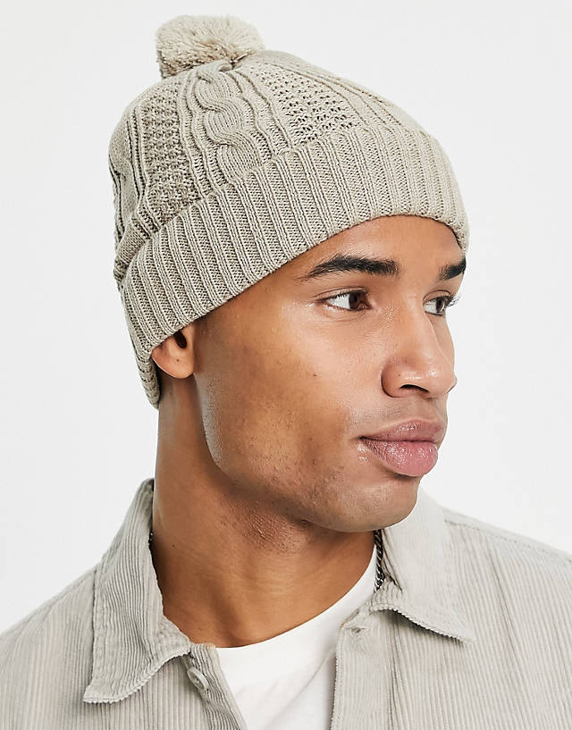 Boardmans - knitted cable bobble beanie hat in camel