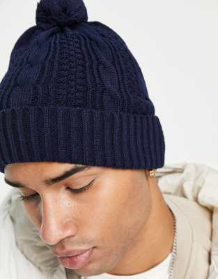 BOARDMANS KNITTED CABLE BOBBLE BEANIE HAT IN NAVY