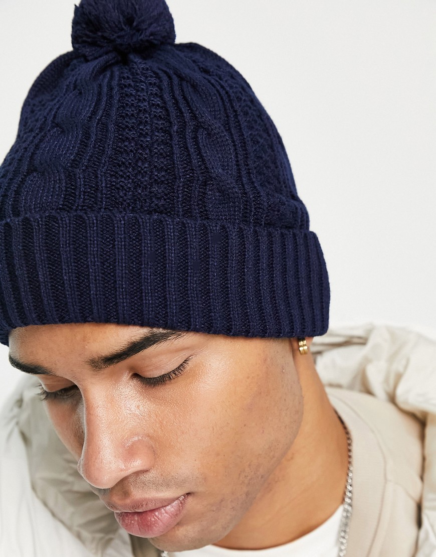 Boardmans knitted cable bobble beanie hat in navy