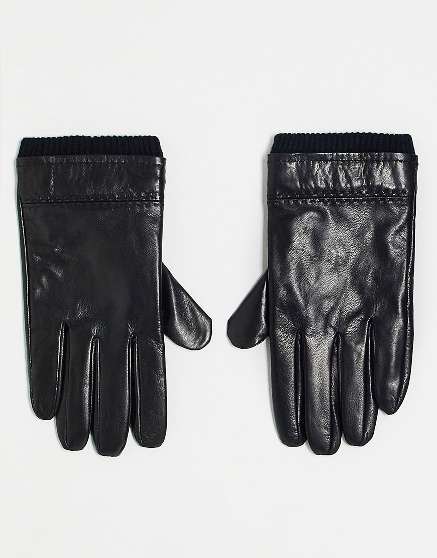 Boardmans knitted cuff leather gloves in black