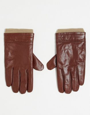 Boardmans knitted cuff leather gloves in brown