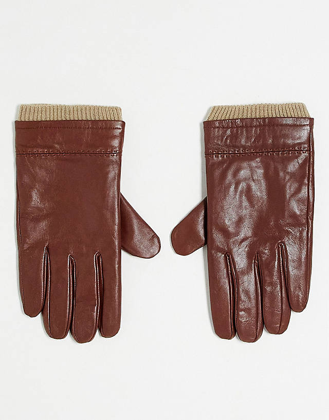 Boardmans - knitted cuff leather gloves in brown