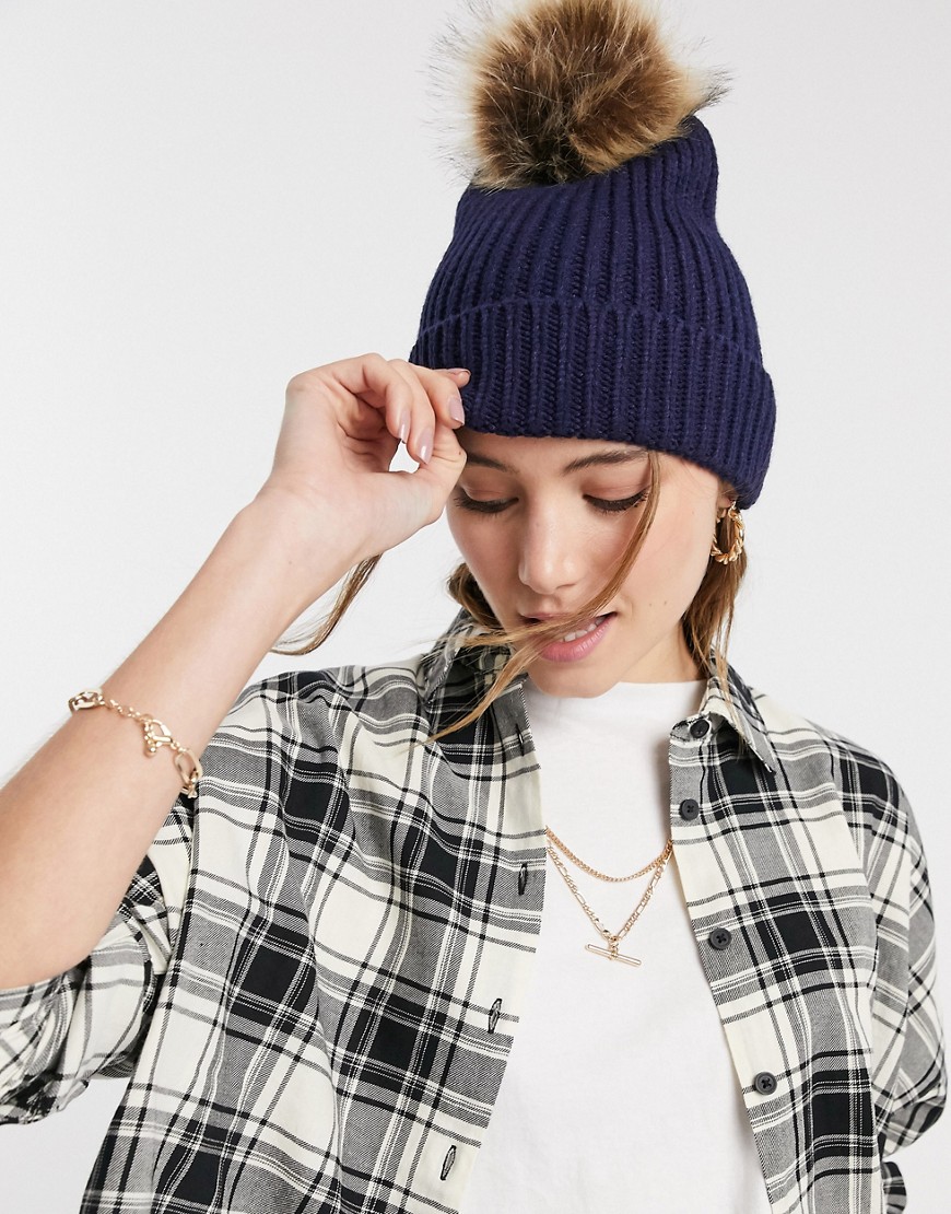 Boardmans knitted hat with turn up and faux fur pom in navy