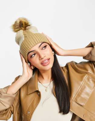 Boardmans Boardmans knitted pleat detail faux pom beanie in camel-Neutral